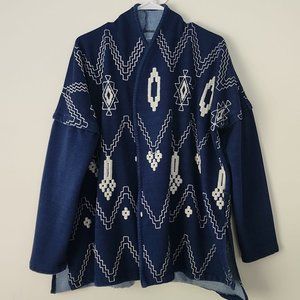 Lucky Brand Navy Blue Cotton Tribal Boho Embroidered Open Front Cardigan